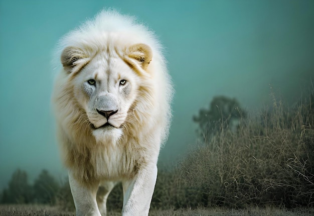 Een witte leeuw met een blauwe achtergrond