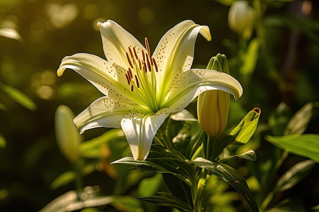 Een witte lelie met een geel hart en een groene achtergrond