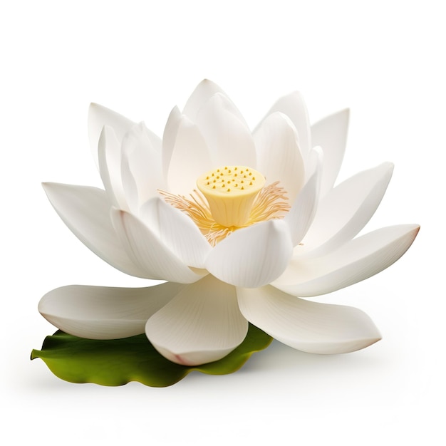Een witte lotusbloem met een groen blad erop