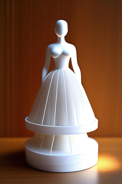 Foto een witte mannequin in een witte jurk staat op een houten tafel.