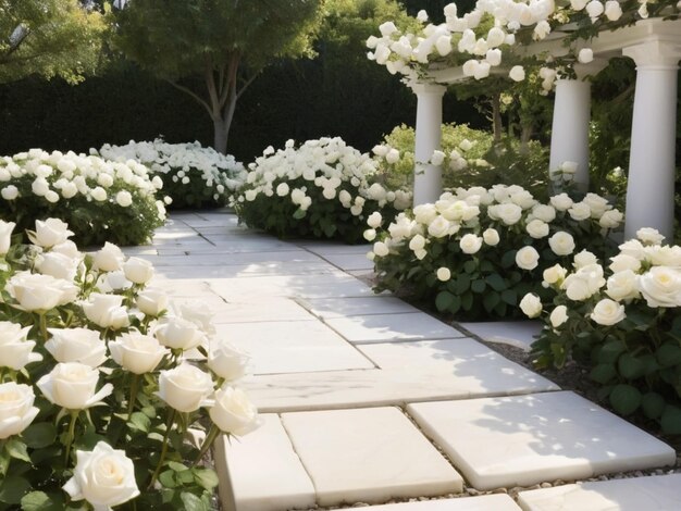 Een witte marmer omringd door witte rozen in een tuin