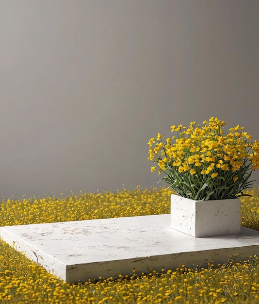 een witte marmeren koffietafel met gele bloemen in het midden