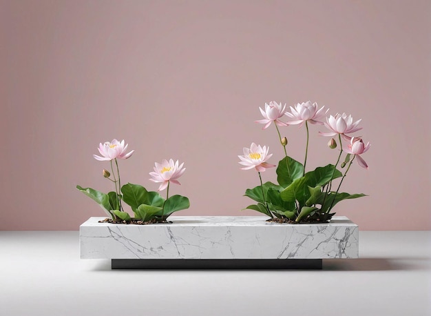 een witte marmeren planter met roze bloemen