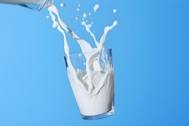 een witte melk die in een glas stroomt op een blauwe achtergrond