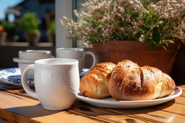 Een witte mok en een smakelijk gebakje op een zomerse achtergrond