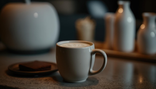 Een witte mok koffie staat op een tafel met een chocoladekoekje op tafel.