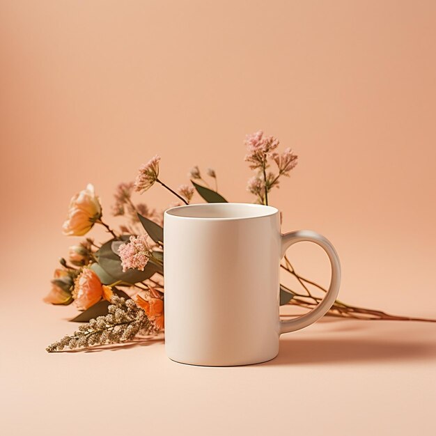 een witte mok met bloemen en een kopje op tafel