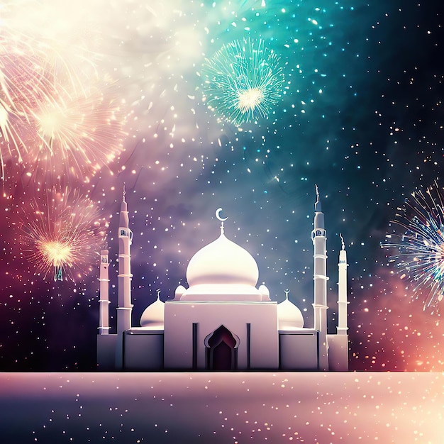 Een witte moskee met vuurwerk op de achtergrond
