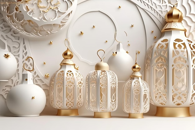 Een witte muur met gouden ornamenten en een moskee met Arabische ornamenten Generatieve AI