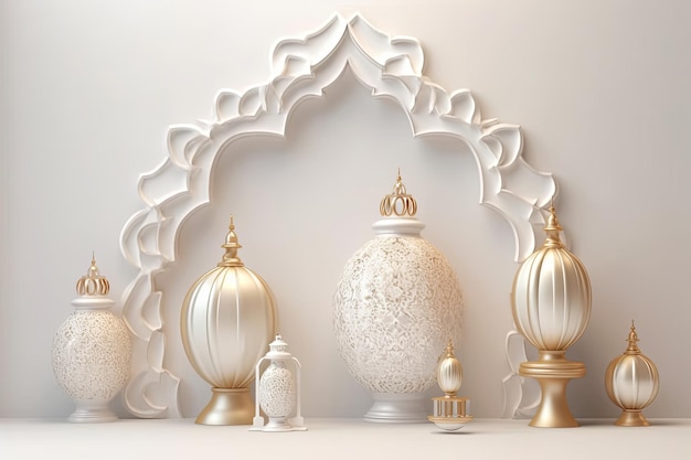 Een witte muur met gouden ornamenten en een moskee met Arabische ornamenten Generatieve AI