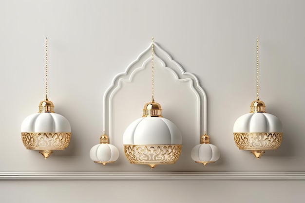 Een witte muur met gouden ornamenten en een moskee met Arabische ornamenten Generatieve AI