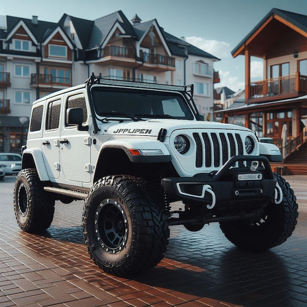 Een witte offroader jeep in de parkeerplaats