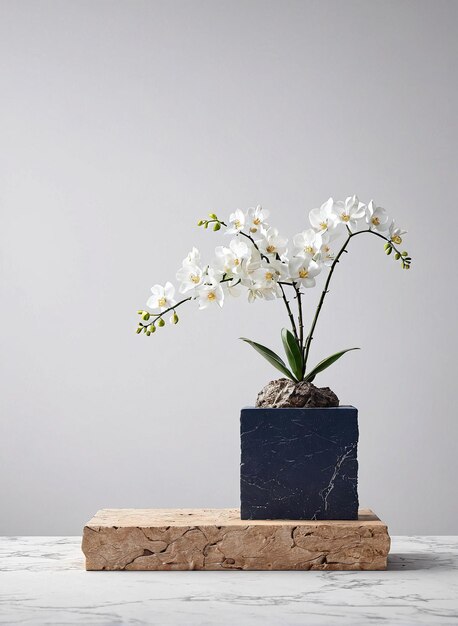 een witte orchidee in een blauwe vaas op een marmeren tafel