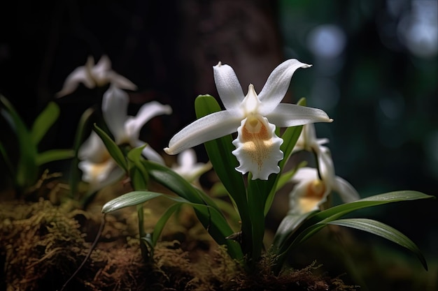 Een witte orchidee met gele en witte bloemen