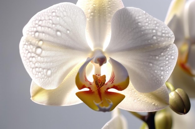 Een witte orchidee met waterdruppels erop