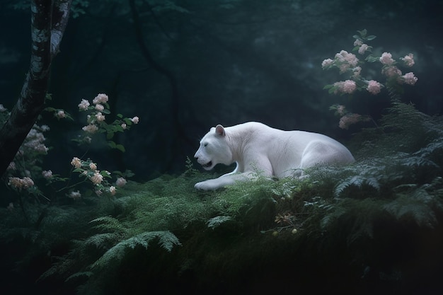 Een witte panter ligt in een bos met bloemen.