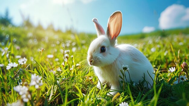 een witte pluizige konijn zit in het groene gras in een bloeiende weide op een boerderij landbouw en vee