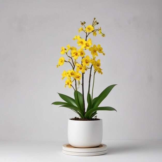 een witte pot met gele bloemen en groene bladeren