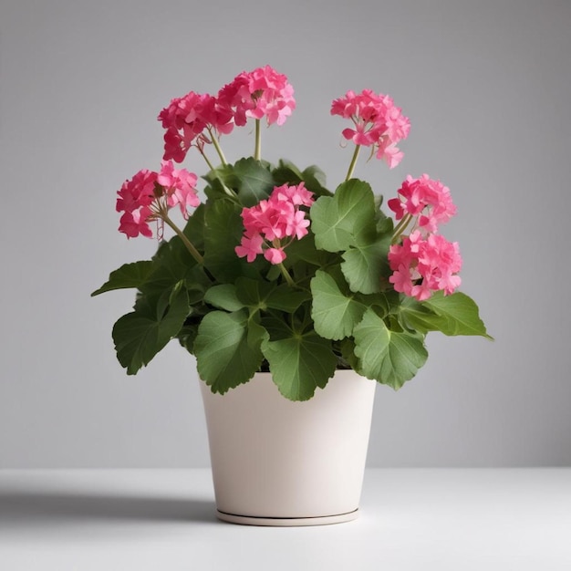 een witte pot met roze bloemen op een tafel