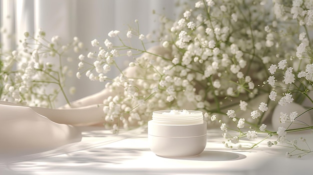 Een witte pot room naast een boeket bloemen op een tafel met een witte doek erop