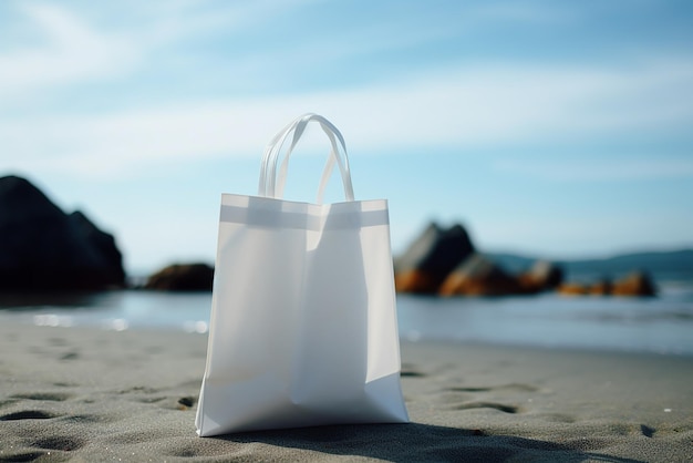 Een witte, recyclebare draagtas op een oceaanstrand