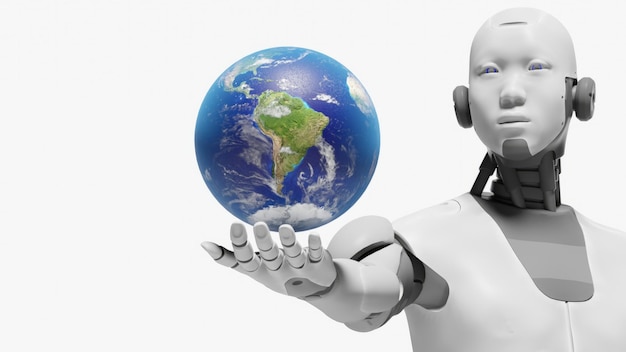 een witte robot met een aardbol in zijn hand en de wereld aan de linkerkant
