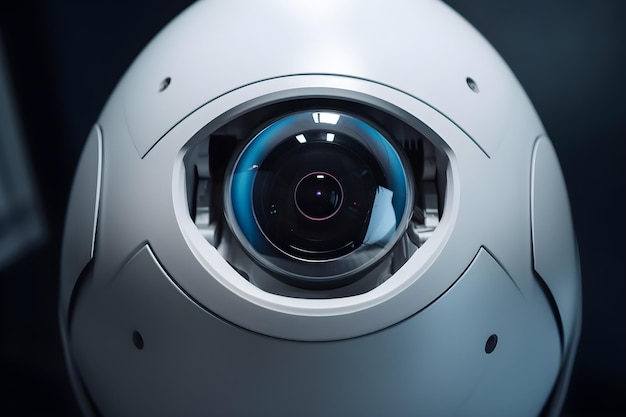 Een witte robot met een blauwe lens en een blauwe stip op de voorkant.