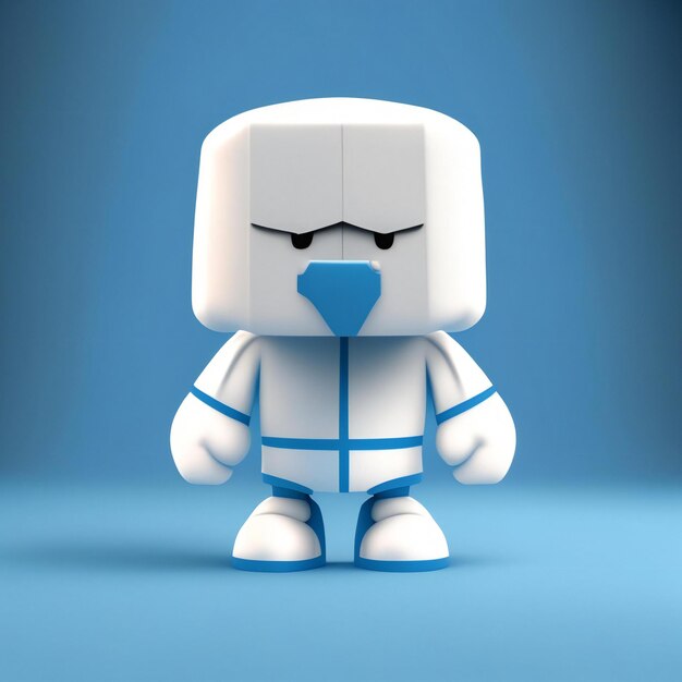 een witte robot met een blauwe stropdas en een blauw shirt met een blauw hart erop.