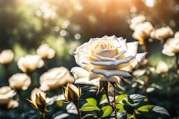 een witte roos met de zon die door de bladeren schijnt