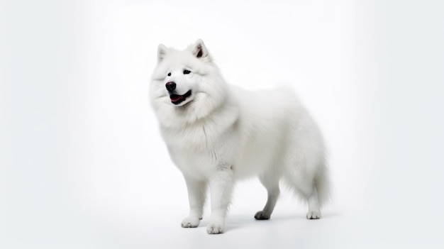 Een witte samojeed hond met een zwarte neus en een zwarte neus.
