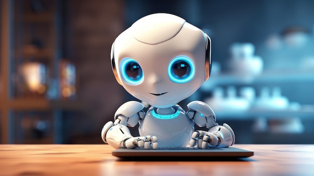 Een witte, schattige robot die glimlacht, zit aan een tafel met een laptop in zijn handen. Het concept van toekomstige technologie in de moderne wereld is onder ons. AI gegenereerd