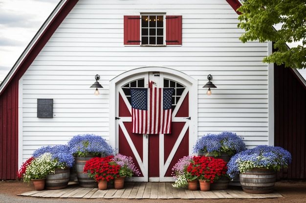 Een witte schuur met een rode deur en een vlag met de tekst 'amerikaanse vlag' erop.