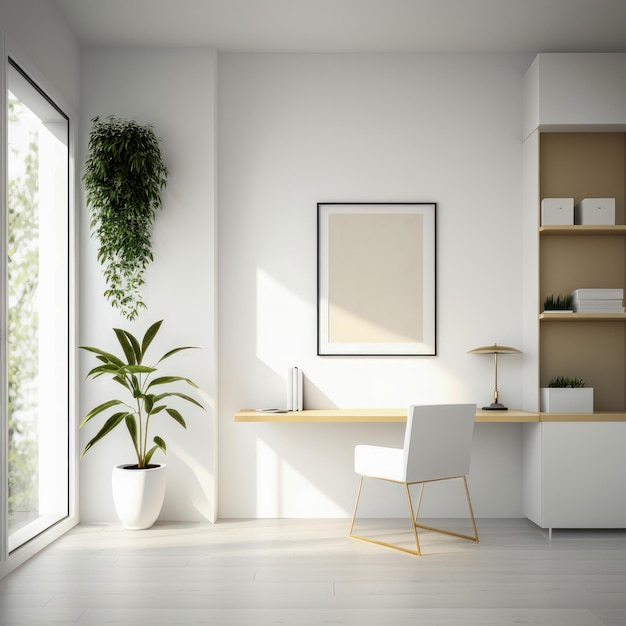 Een witte stoel in een thuiskantoor met een plant aan de muur Generatieve AI