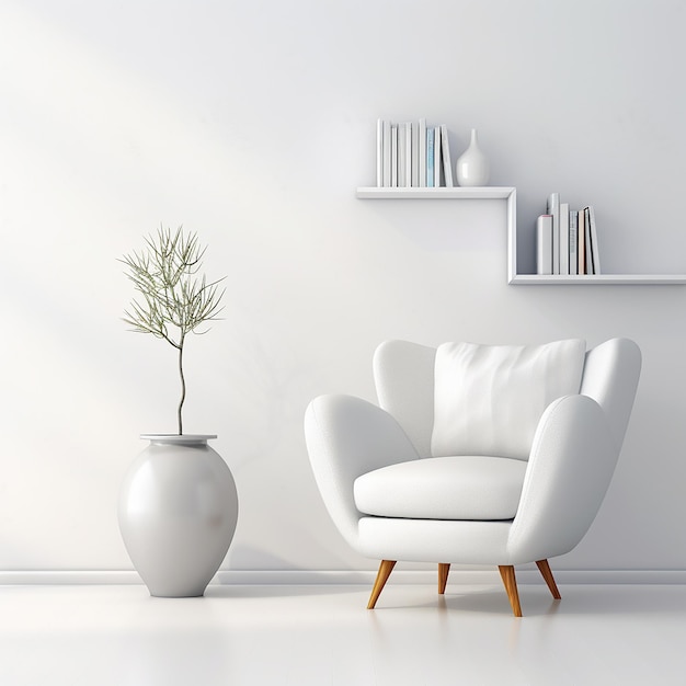 Foto een witte stoel met een plant in de hoek naast een witte vaas