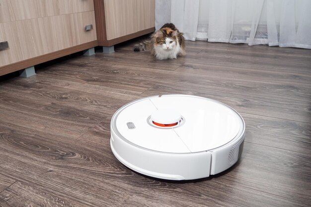 Foto een witte stofzuiger robot en een pluizige kat op een gelamineerde houten vloer