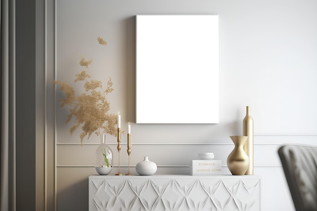 Een witte tafel met een witte tafel en een vaas met gouden bloemen erop.