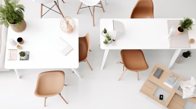 Een witte tafel met een witte tafel en stoelen in een kamer met een witte tafel en een lamp erop.