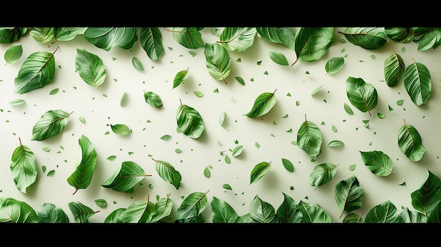 een witte tafel met groene bladeren en waterdruppels erop