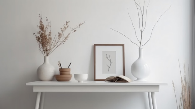 Foto een witte tafel met vazen en een afbeelding van een plant erop.