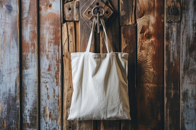 een witte tas die aan een houten muur hangt