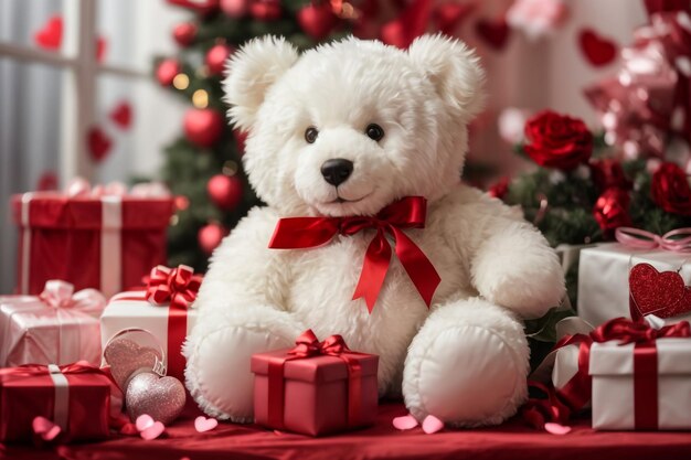 Een witte teddybeer omringd door Valentijnsdagcadeaus