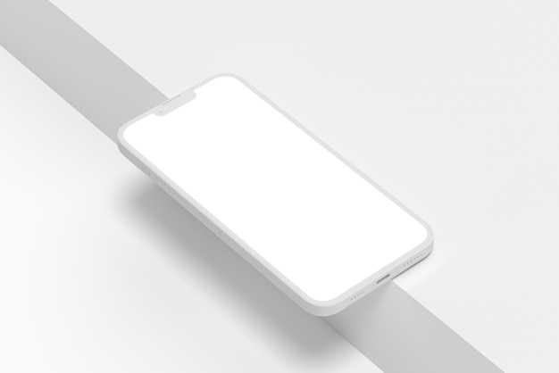 Een witte telefoon met een leeg scherm en een witte achtergrond.