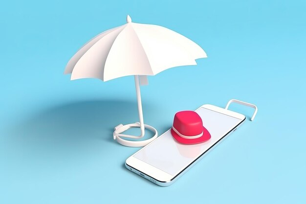 Een witte telefoon met een rode hoed erop en een witte paraplu op tafel.