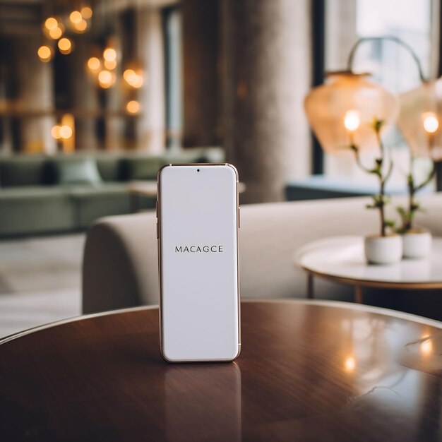 een witte telefoon op een tafel met een lampje aan de achterkant.