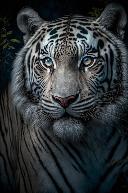 Een witte tijger met blauwe ogen kijkt naar de camera.