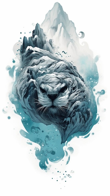 Een witte tijger met een blauw gezicht is omgeven door water en het woord tijger erop.