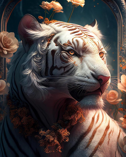 Een witte tijger met gouden ogen en een gouden kroon op zijn kop.