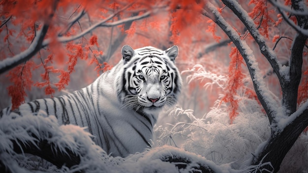Een witte tijger tegen de achtergrond van een prachtige sakuratuin Generatieve Ai