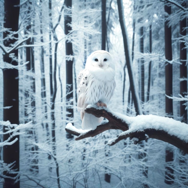 Foto een witte uil zit op de top van een boomtak in een bos gevuld met bomen bedekt met sneeuw ai