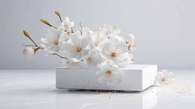 Een witte vaas met witte bloemen erop